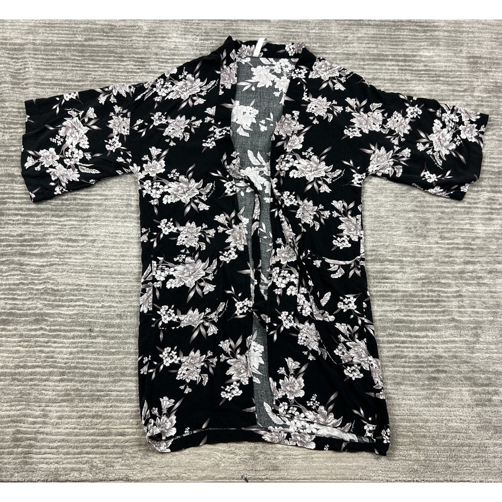Spiritual Gangster‎ Kimono Cardigan Women OS Black Floral Print Tie Front Long